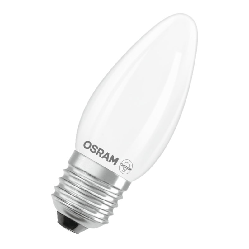 Eine weiße Osram Kerzenbirne mit Schraubgewinde auf schwarzem Hintergrund.
