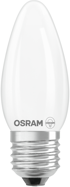 Eine weiße, tropfenförmige OSRAM-Glühbirne mit silbernem Sockel.