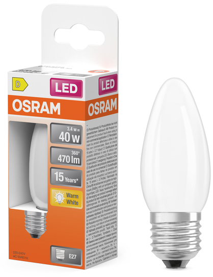 OSRAM LED-Lampe im Karton und einzeln, E27 Sockel, warmweiß, 3,4W=40W.