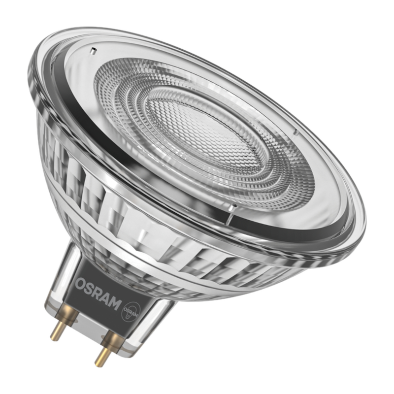 Une ampoule Osram transparente à deux broches et réflecteur texturé.