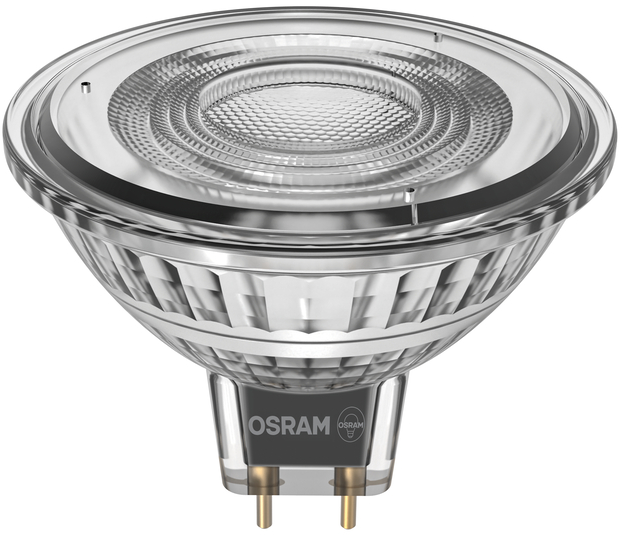 Une ampoule Osram transparente avec deux broches et des anneaux concentriques.