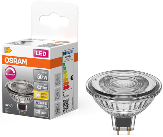 Ampoule LED Osram avec culot GU5.3 à côté de son emballage.