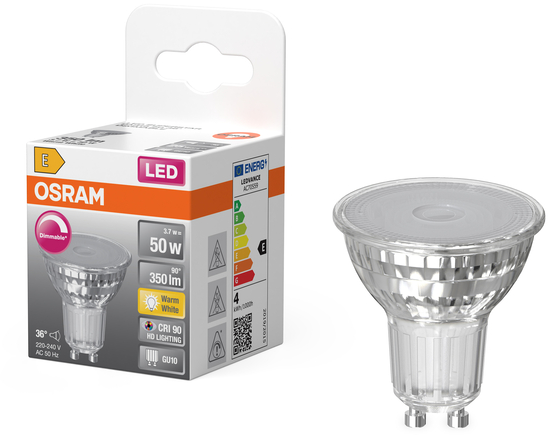 Ampoule LED OSRAM avec culot GU10 et emballage, efficacité énergétique A.