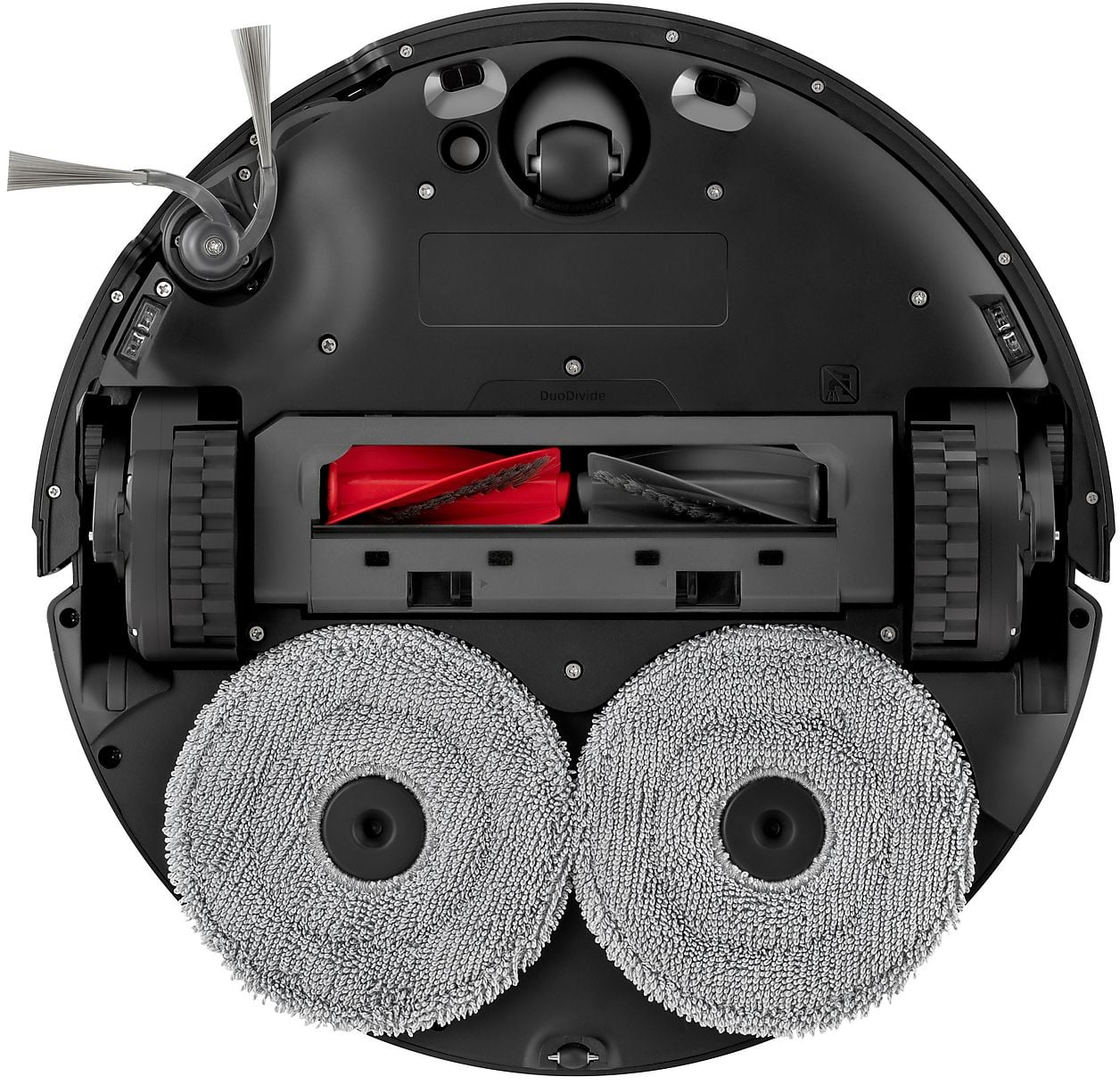 Vue de dessous d'un aspirateur robot rond avec brosses rotatives et tampons.