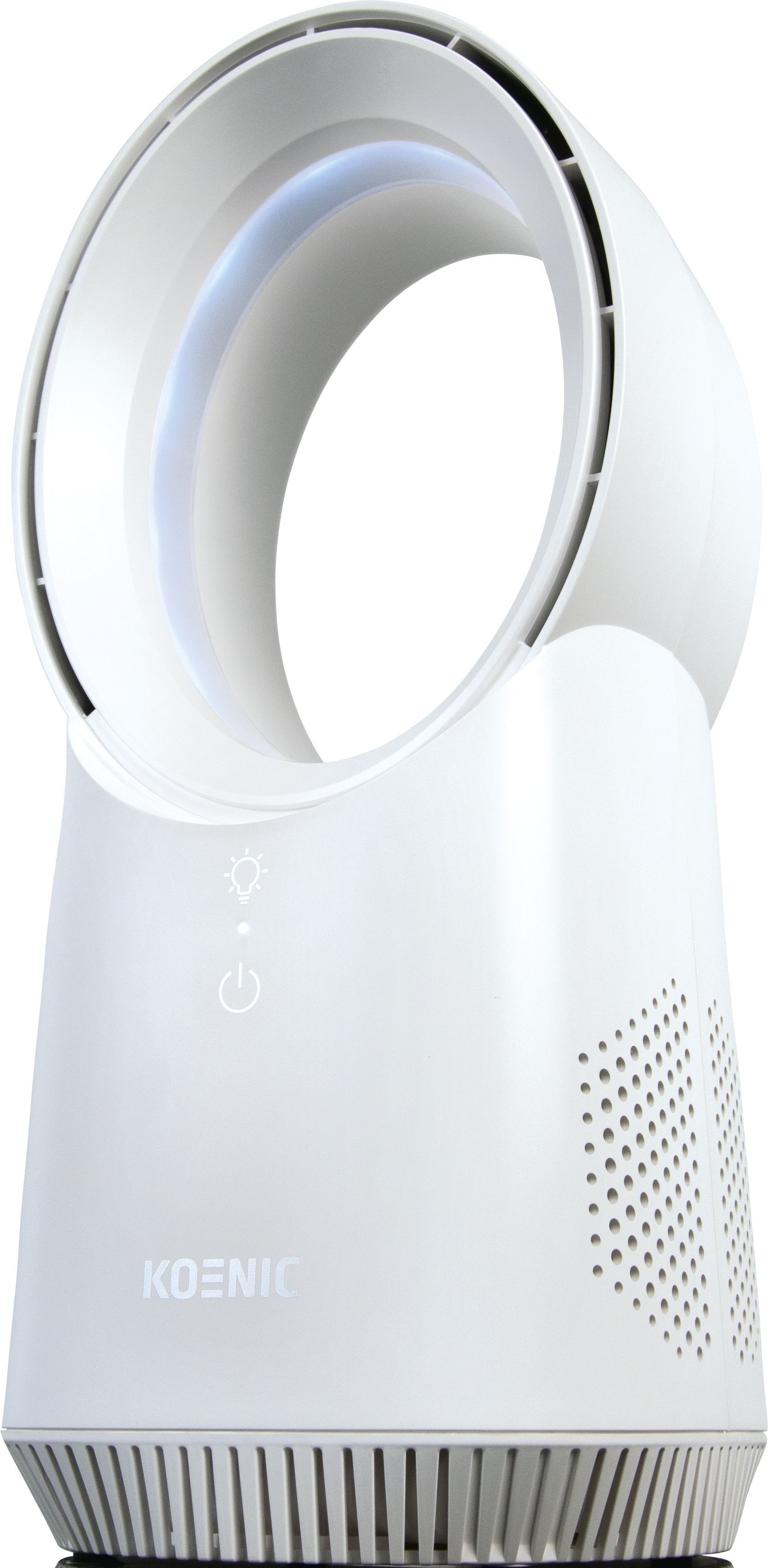 Un purificatore d'aria bianco e moderno con luce blu e pulsanti.