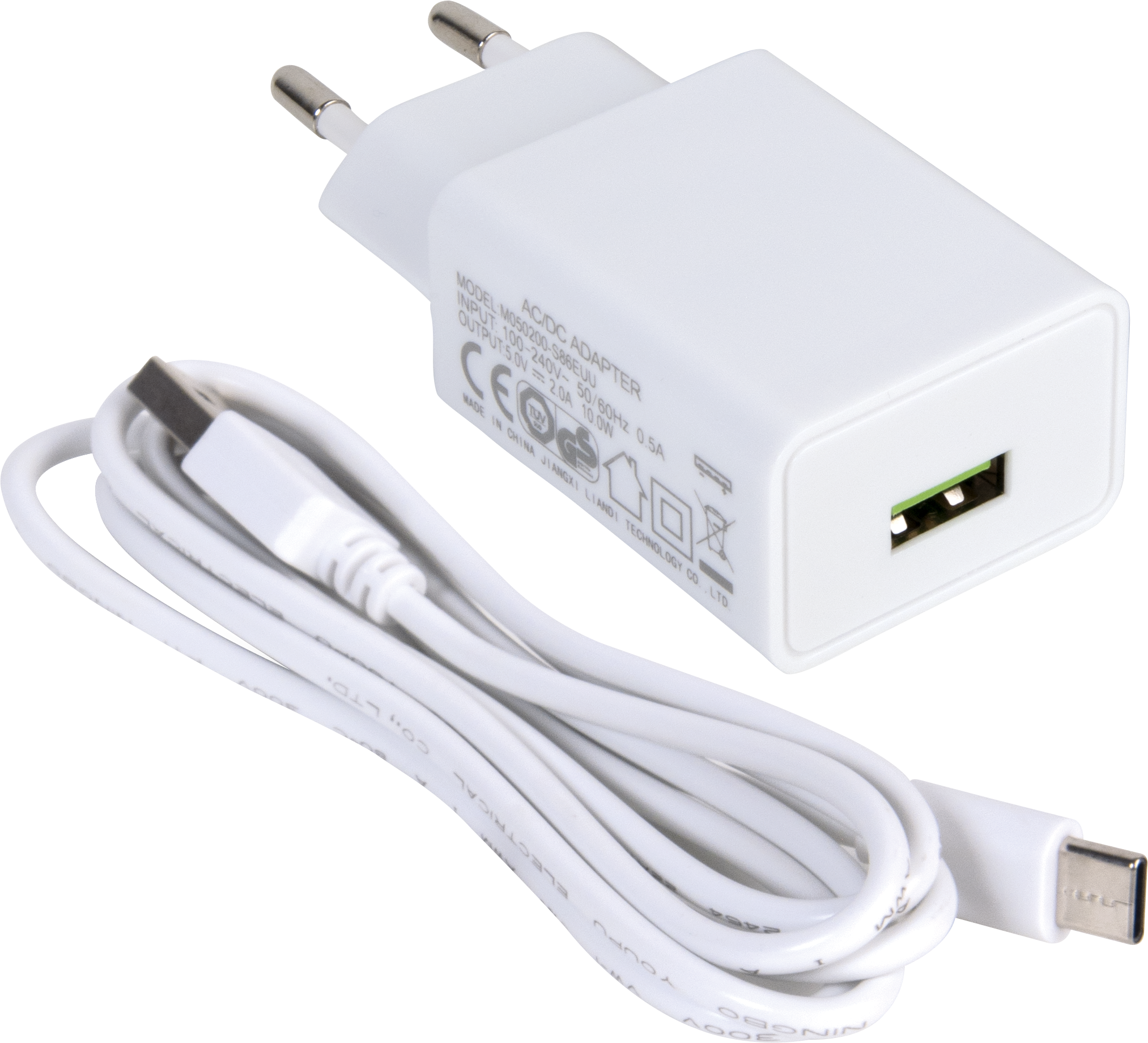 Un adattatore USB-C bianco e un cavo USB-C bianco su sfondo nero.