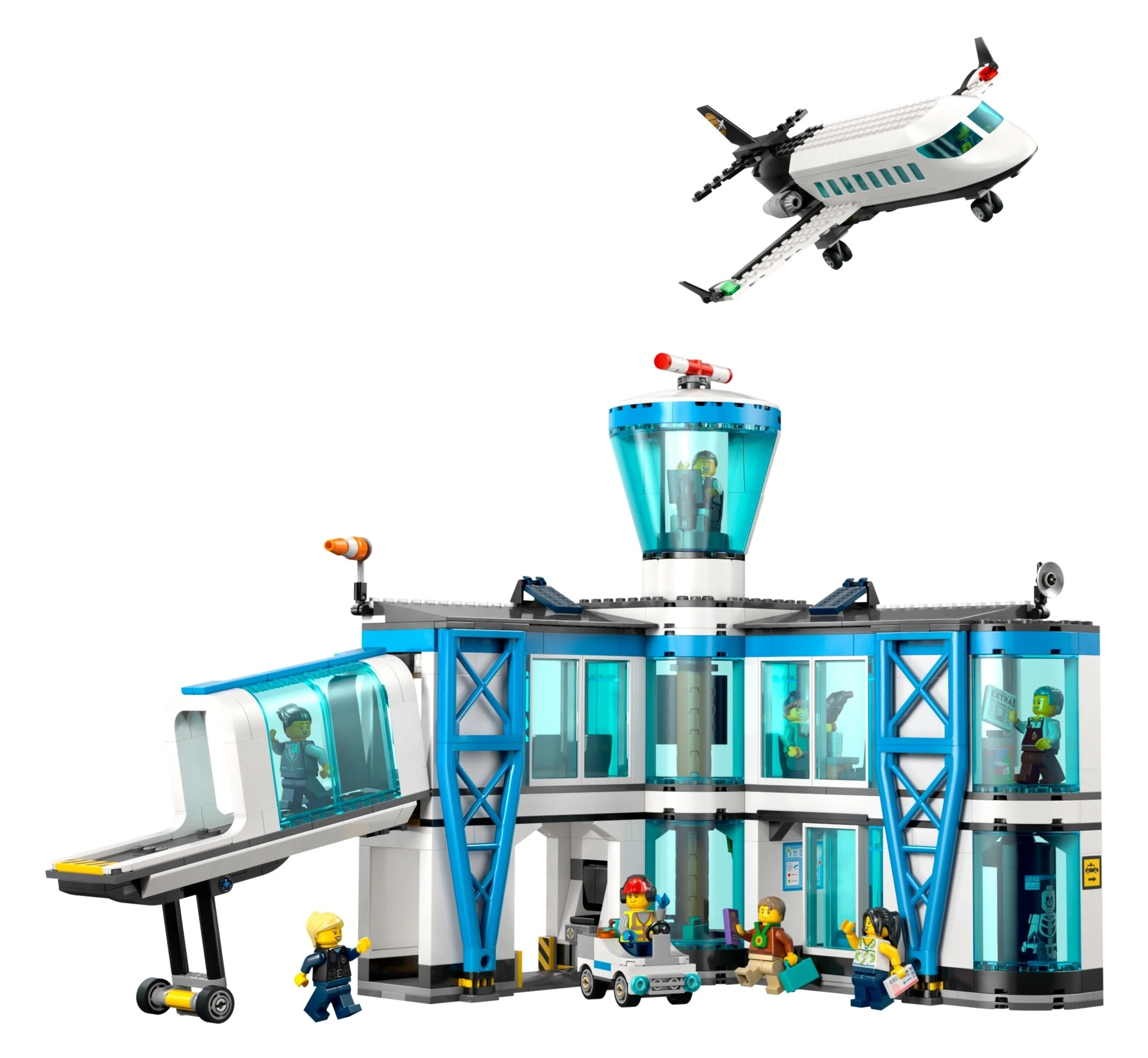 Budynek lotniska Lego z figurkami i samolotem.