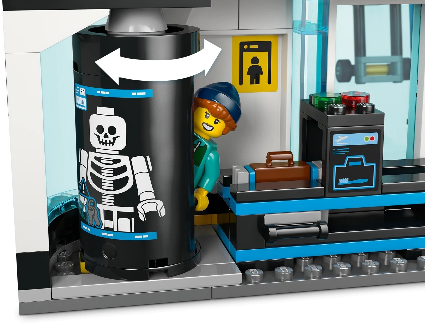 Postać Lego w czapce wychyla się zza czarnego bębna z nadrukiem szkieletu.