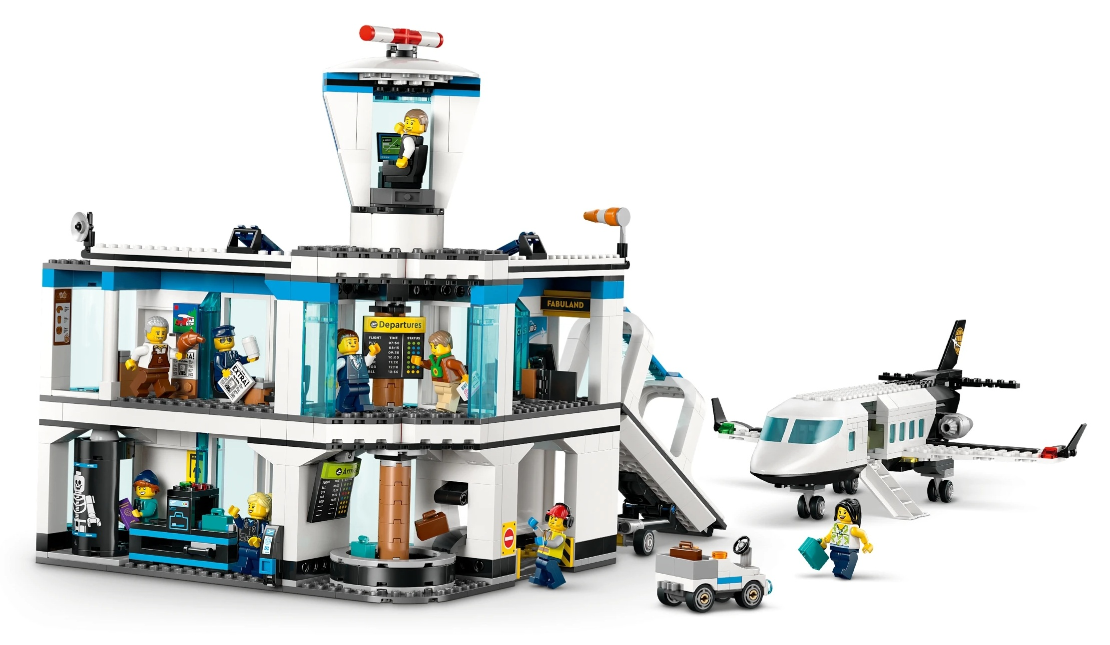 Budynek lotniska Lego z samolotem, postaciami i wózkiem bagażowym.