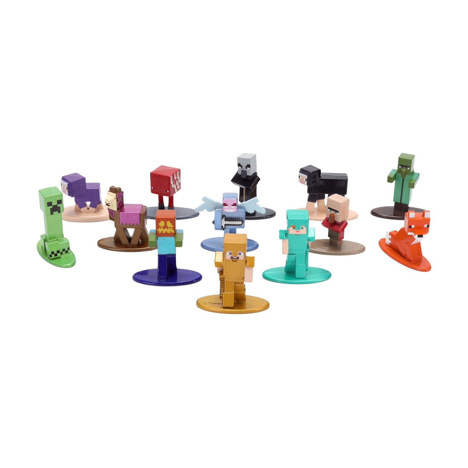 Figure di Minecraft: Creeper, pecora, lama, maiale, volpe, villici.