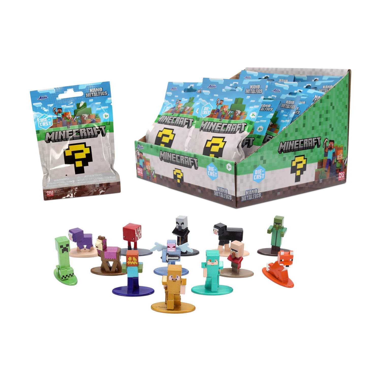 Espositore di figure Minecraft con figure singole e blister in primo piano.