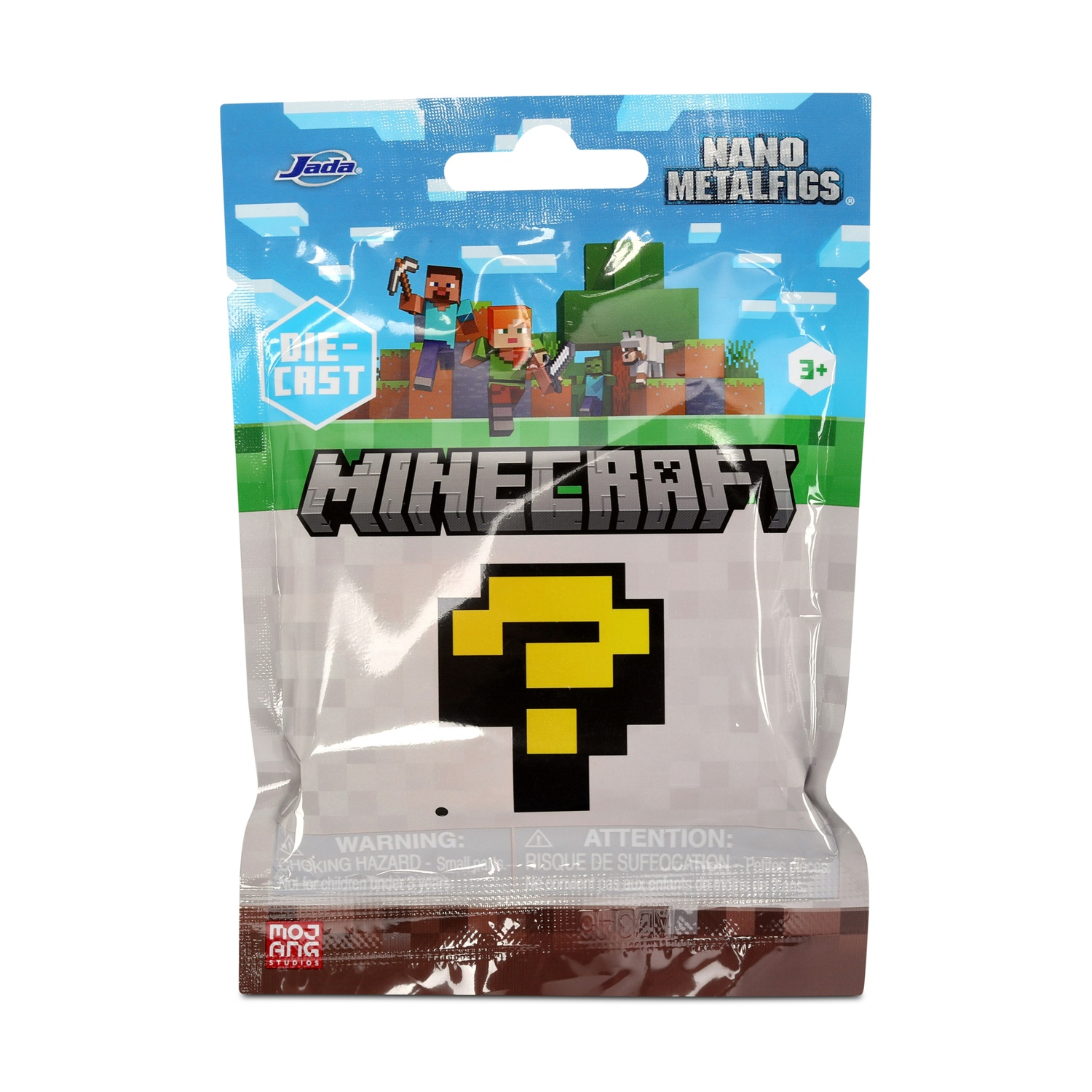Sacchetto Minecraft Nano Metalfigs con Steve, Alex e uno zombie.