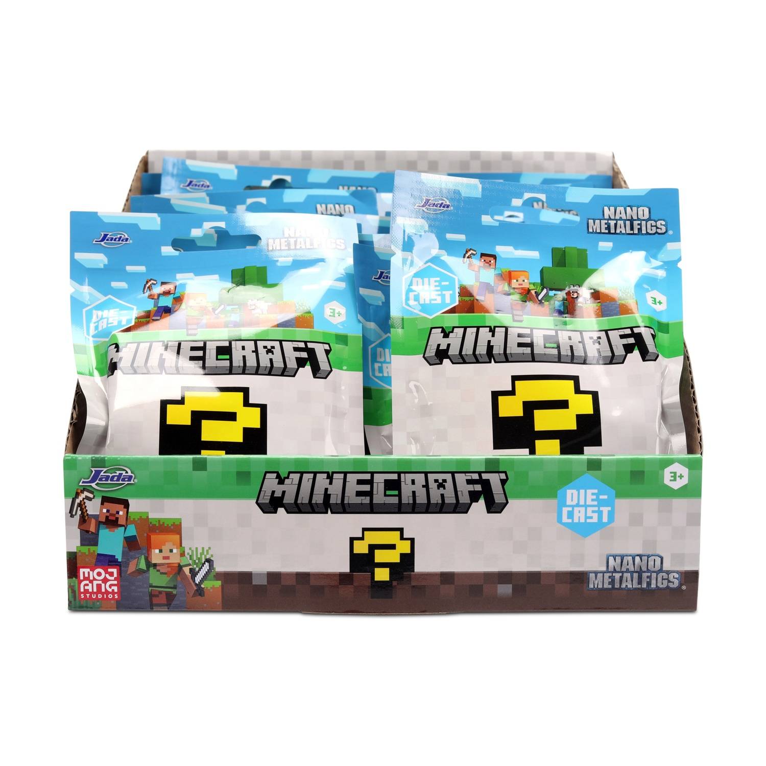 Scatola di buste sorpresa Minecraft Nano Metalfigs. Steve & Alex davanti.