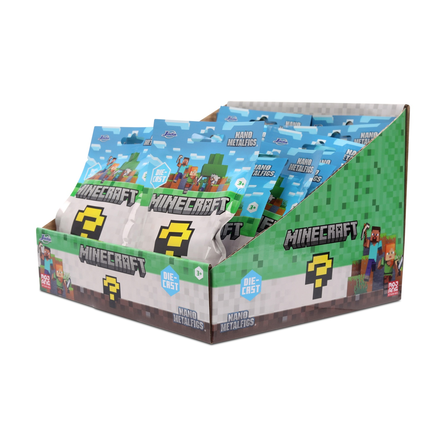 Espositore con sacchetti misteriosi di Minecraft, stampato con grafica pixelata e personaggi.