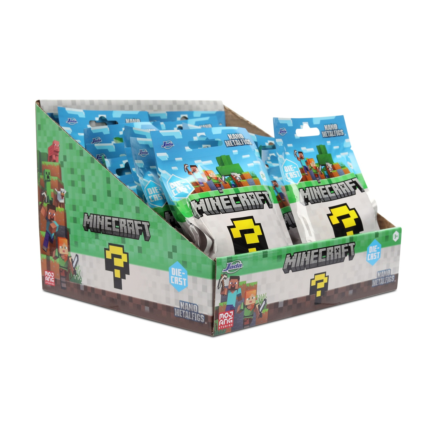 Espositore Minecraft con piccole figure da collezione in blister.