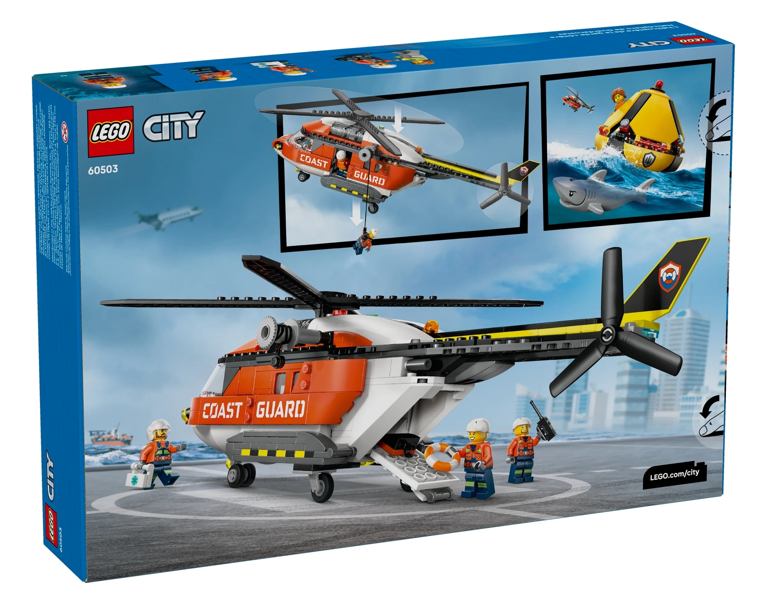 Helikopter ratowniczy Lego Straży Przybrzeżnej z figurkami, łodzią ratunkową i rekinem.