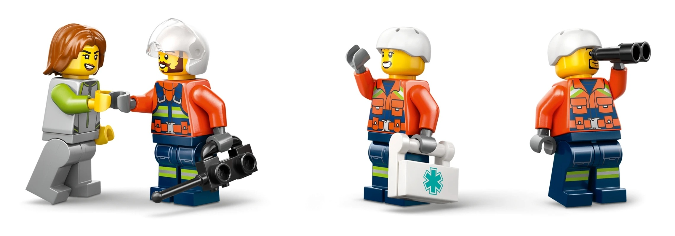 Figurki LEGO: kobieta, ratownik z lornetką, z apteczką, z lornetką.