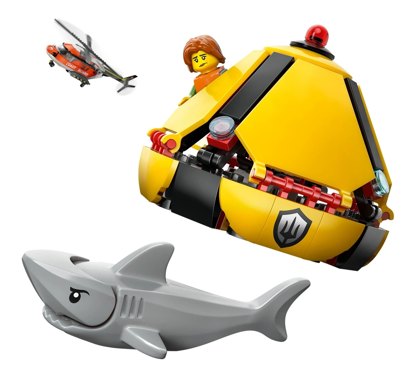 Rekin Lego, żółta łódź podwodna z postacią i pomarańczowy helikopter.