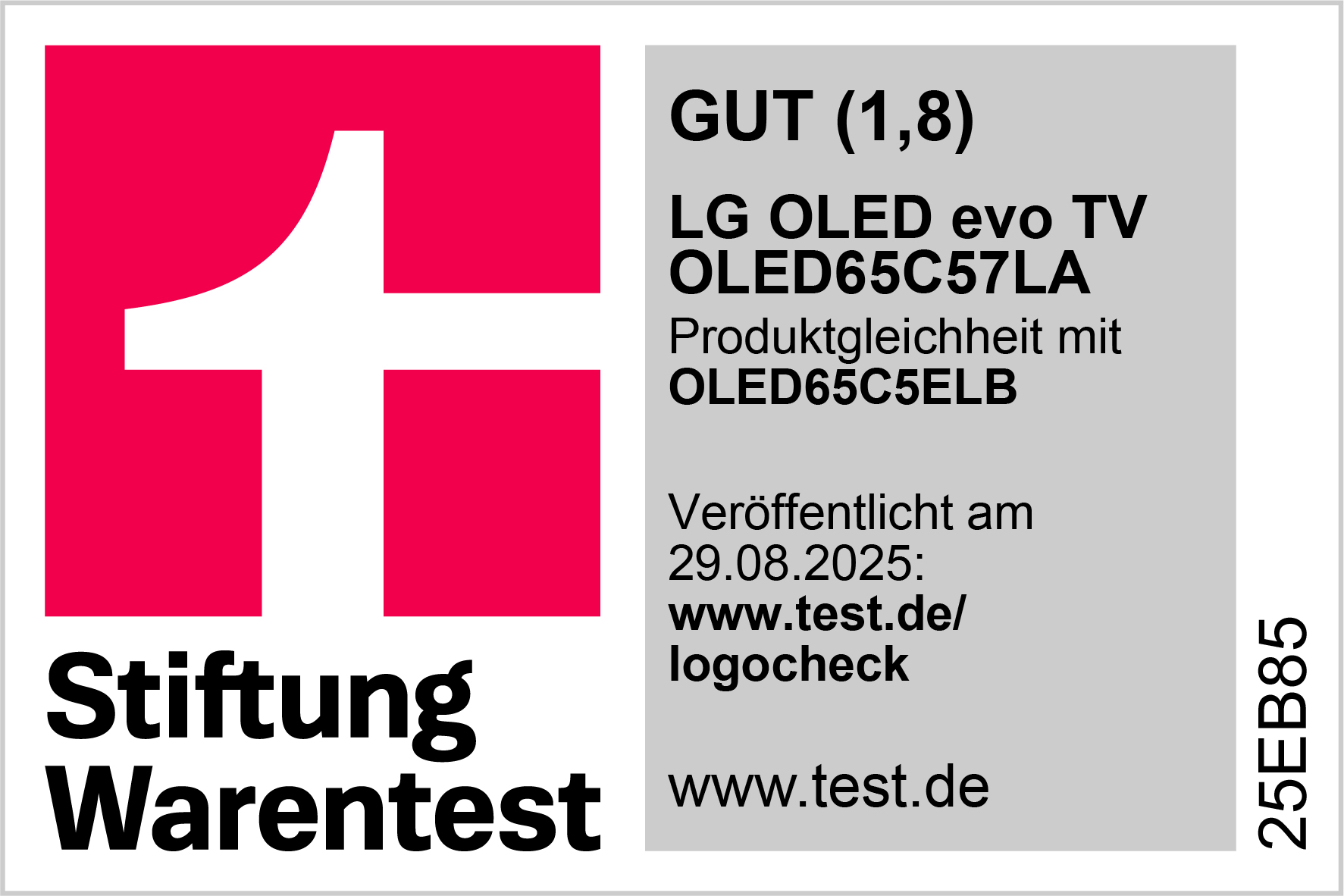 Stiftung Warentest Logo mit LG OLED TV-Bewertung. GUT (1,8).
