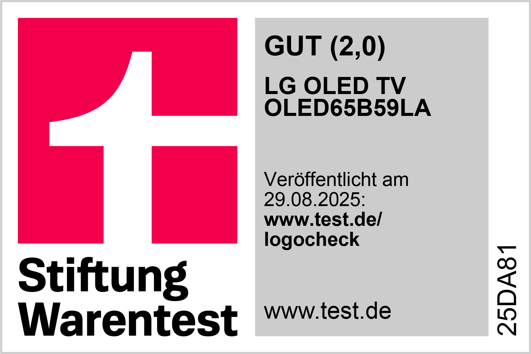 Stiftung Warentest Logo mit LG OLED TV Details und Testdatum.