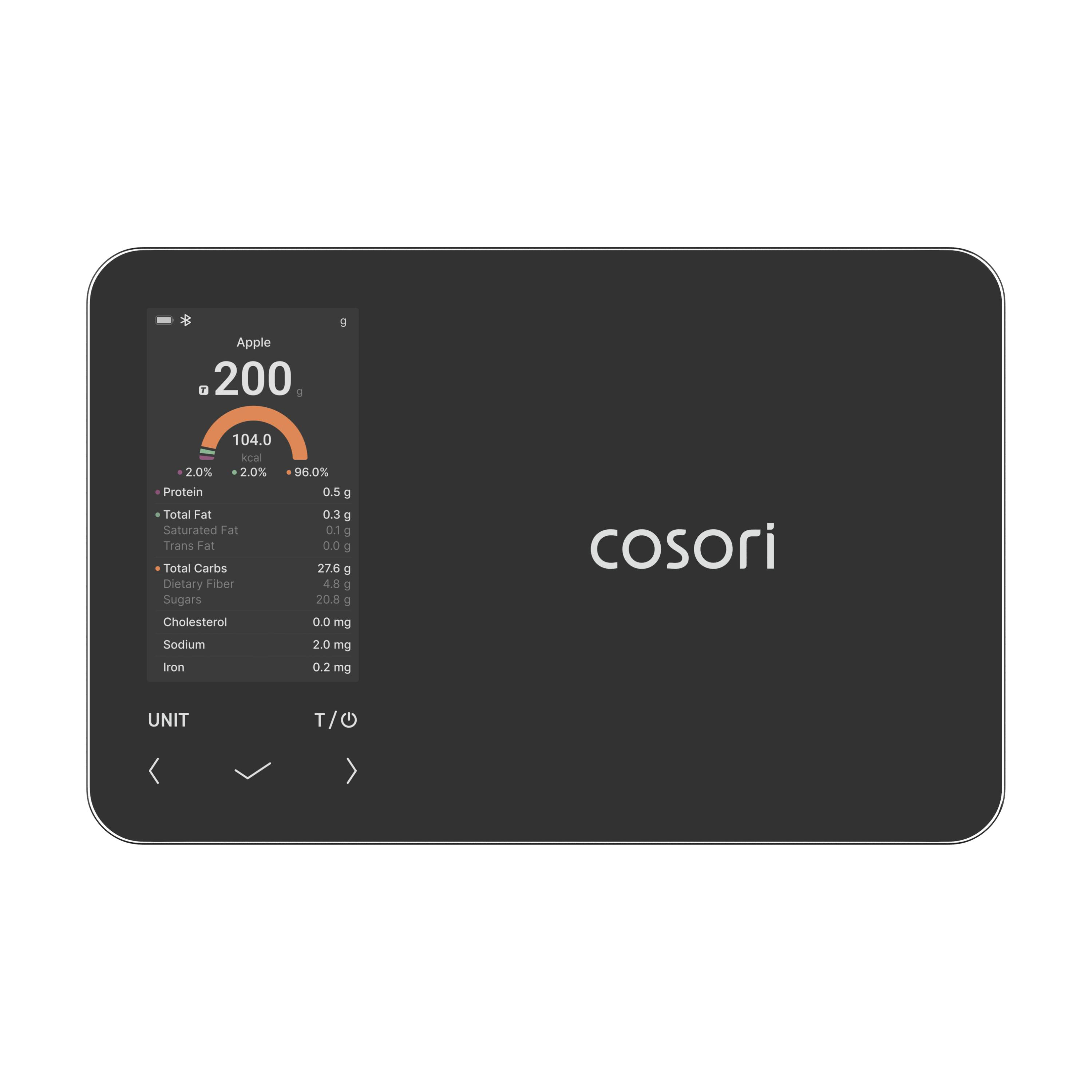 Digitalwaage zeigt Nährwertangaben für einen Apfel an: 200g, 104 kcal, 0.5g Protein, 0.3g Fett.