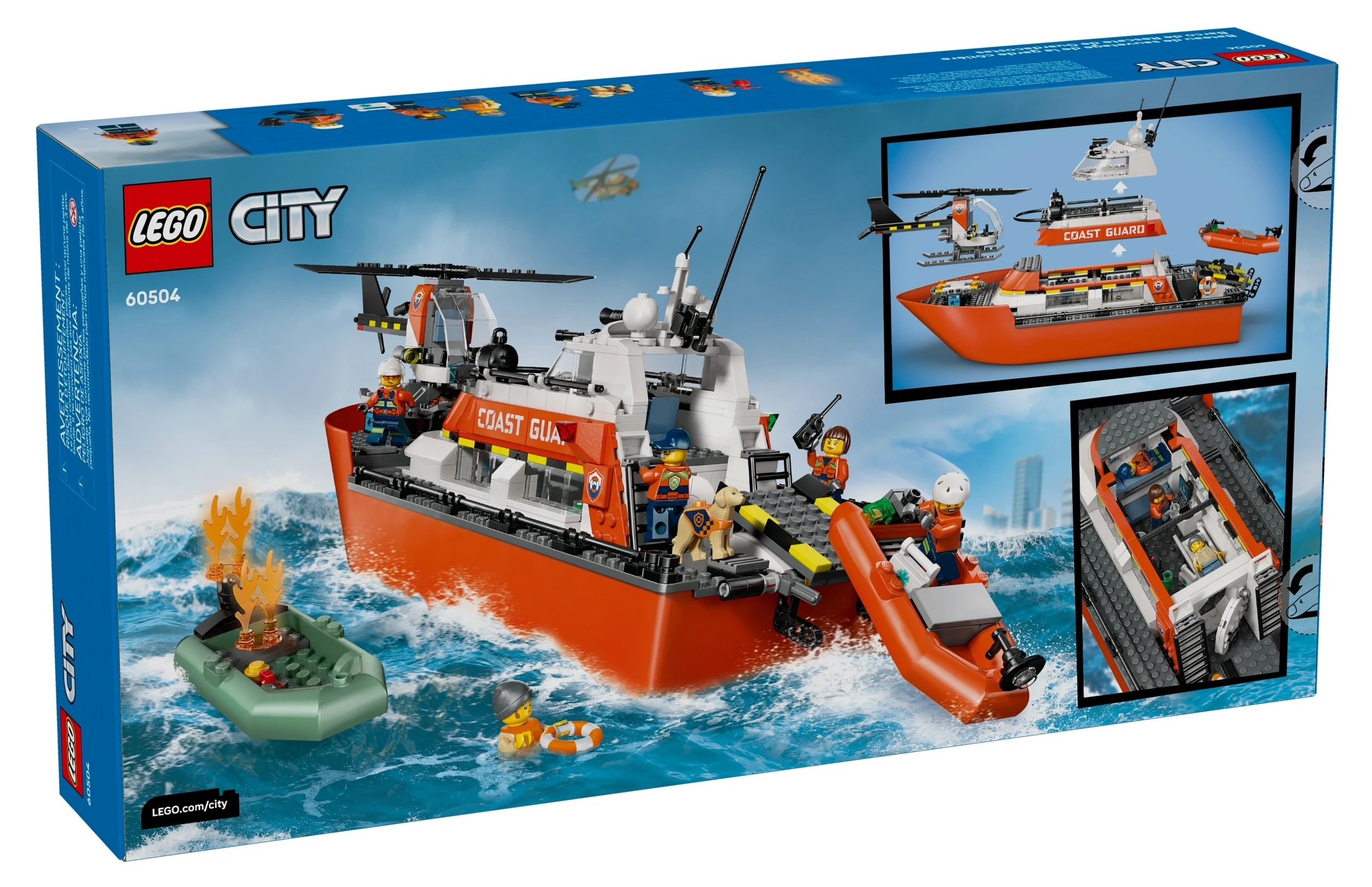 Łódź ratunkowa LEGO City z helikopterem, figurkami i pontonem.