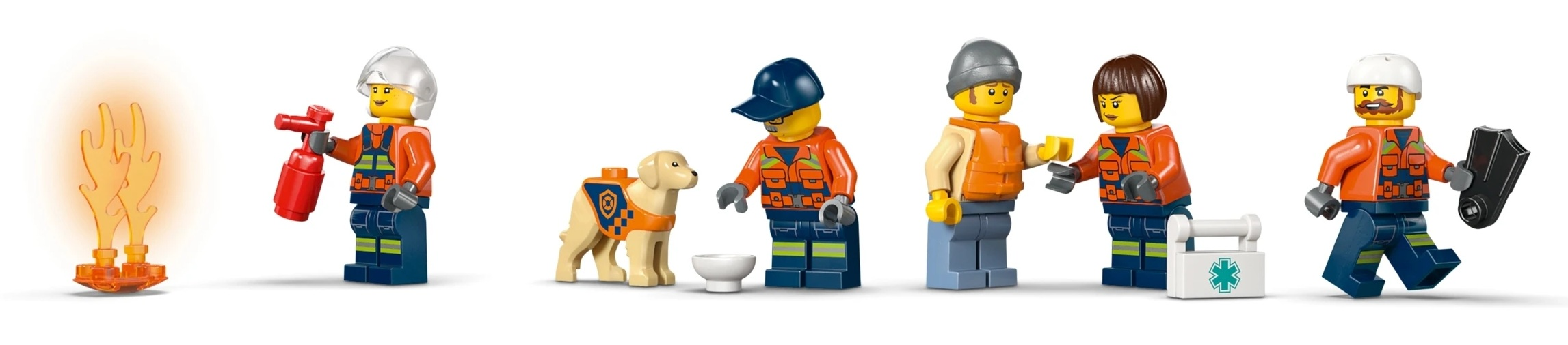 Figurki Lego: ogień, strażak, pies, ratownicy, apteczka.