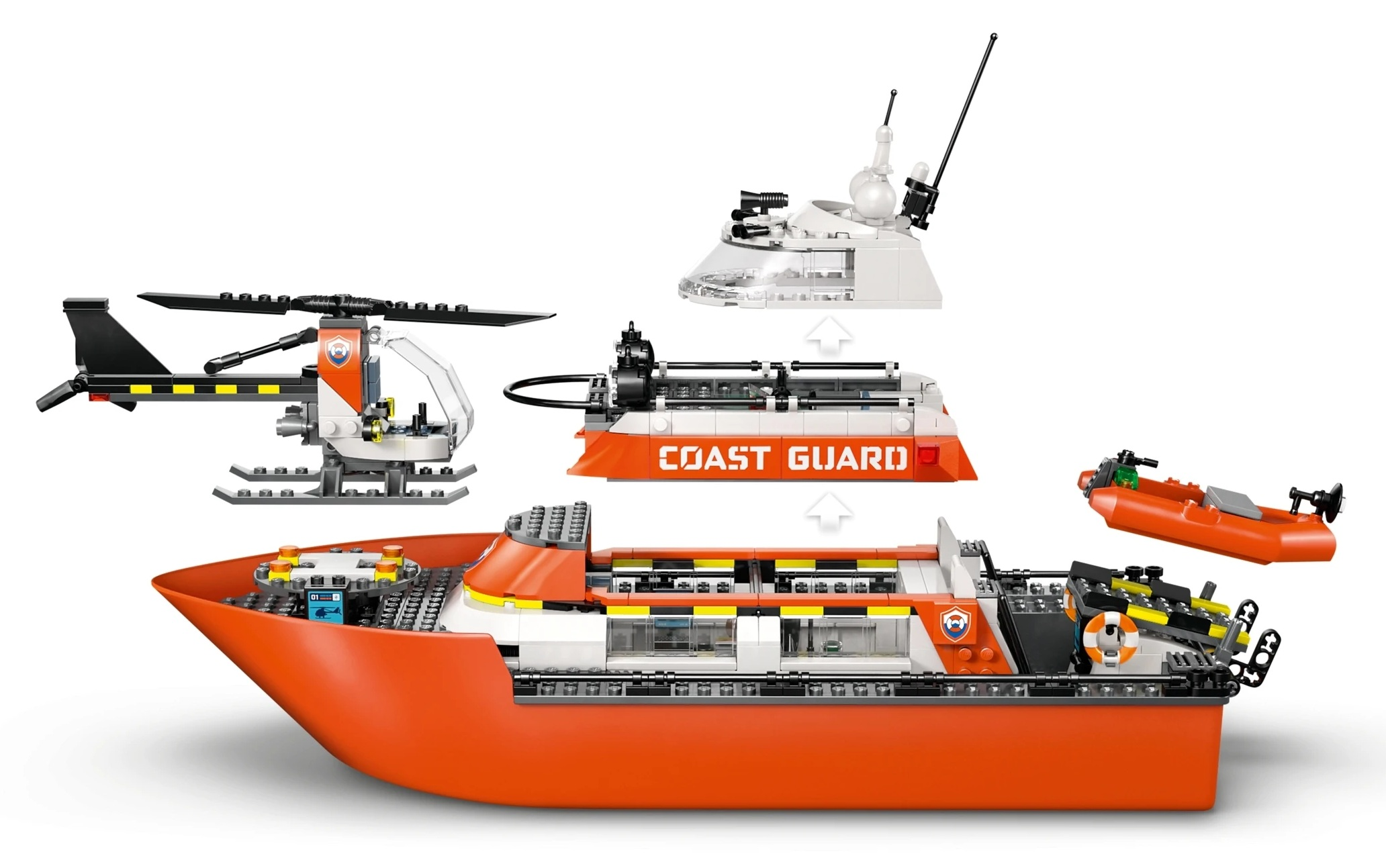 Zestaw Lego straży przybrzeżnej: pomarańczowa łódź, helikopter, poduszkowiec.