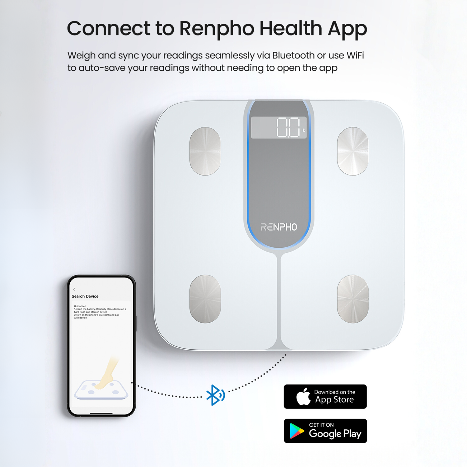 Een witte Renpho weegschaal met app-instructies en downloadknoppen.