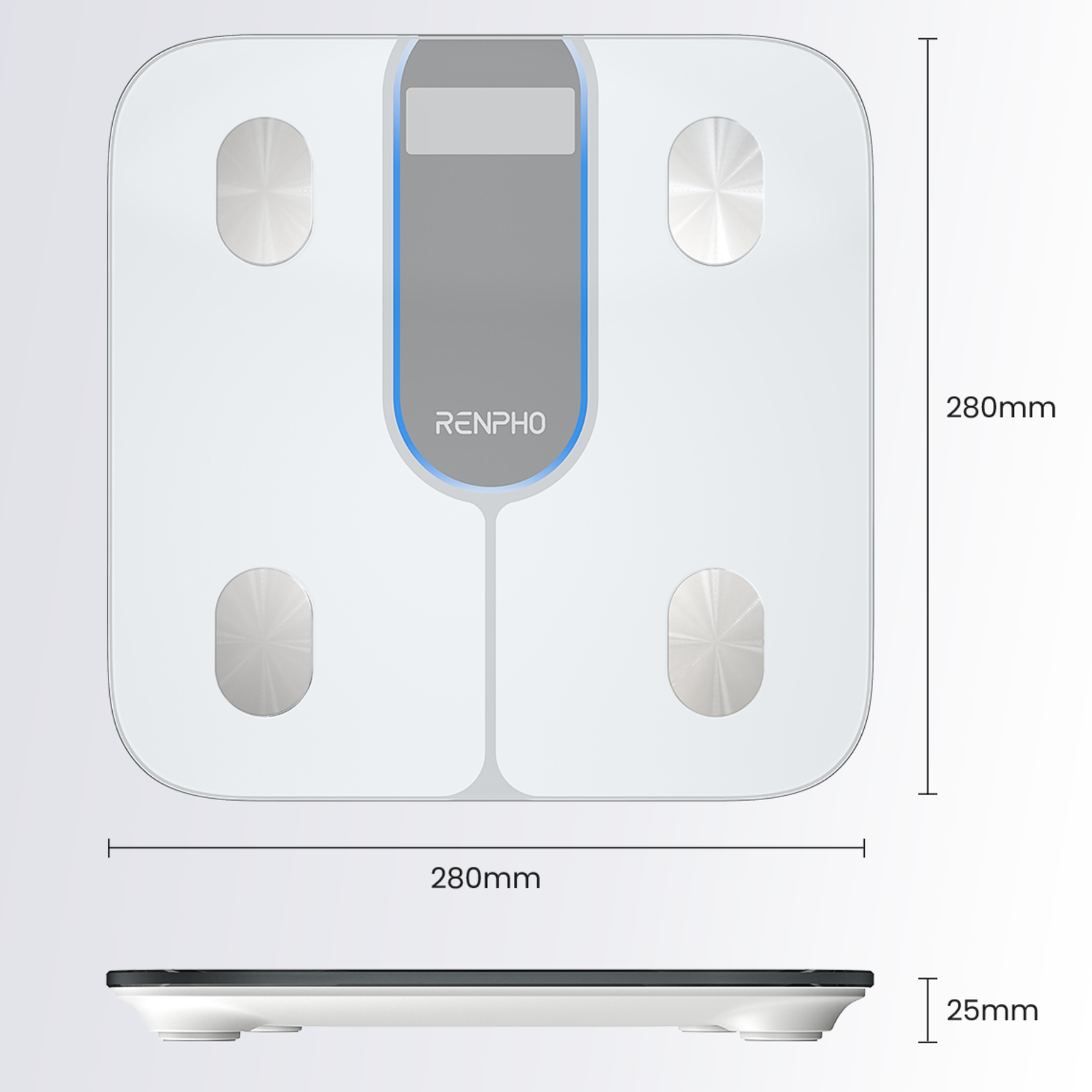Witte Renpho weegschaal, 28x28cm, 25mm hoog, met display.