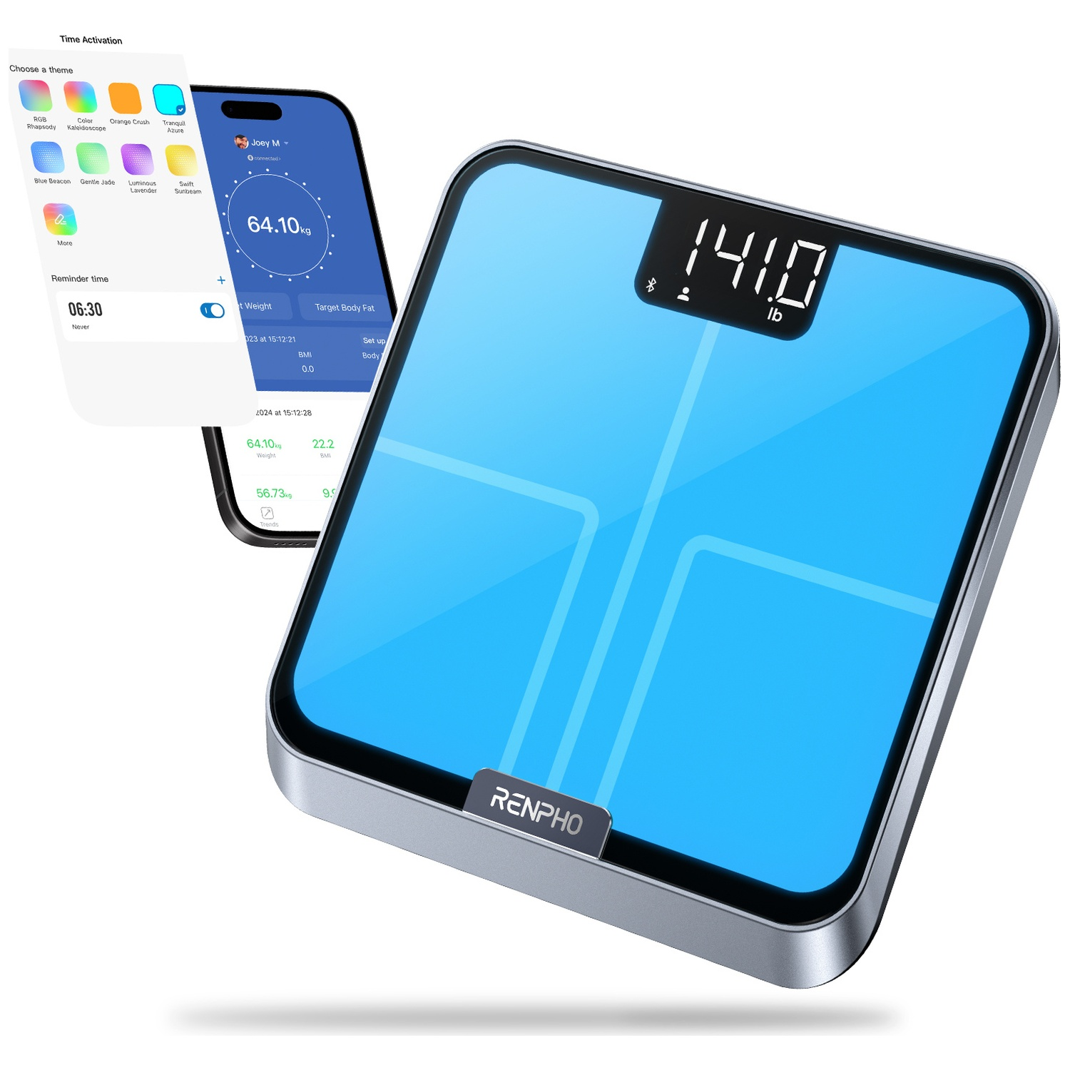 Een digitale weegschaal toont 141,0 lb op het helderblauwe scherm. Een smartphone toont gezondheidsgegevens ernaast.