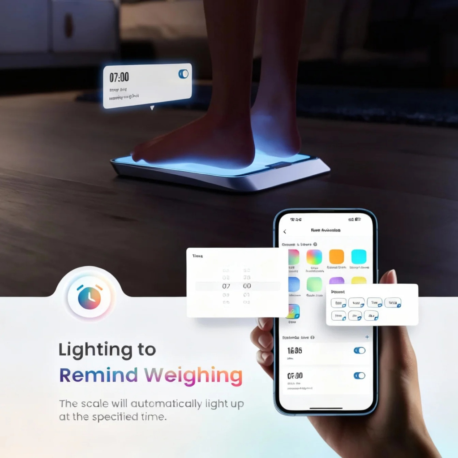 Een voet op een verlichte weegschaal, met een smartphone en app in de buurt.