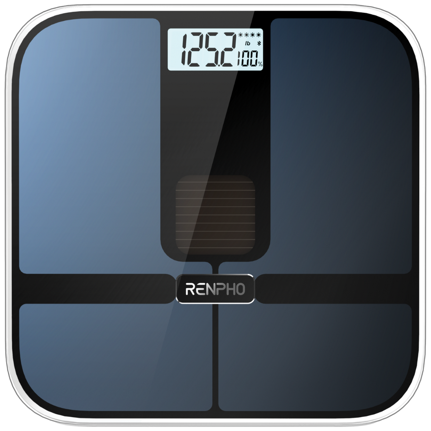 Une balance numérique avec cadre noir et surface en verre bleu, affichant 125.2 lb.