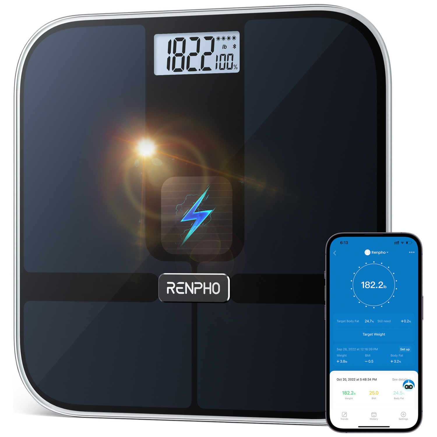 Une balance Renpho noire affiche 182,2 livres. Un téléphone affiche les données de l'application.