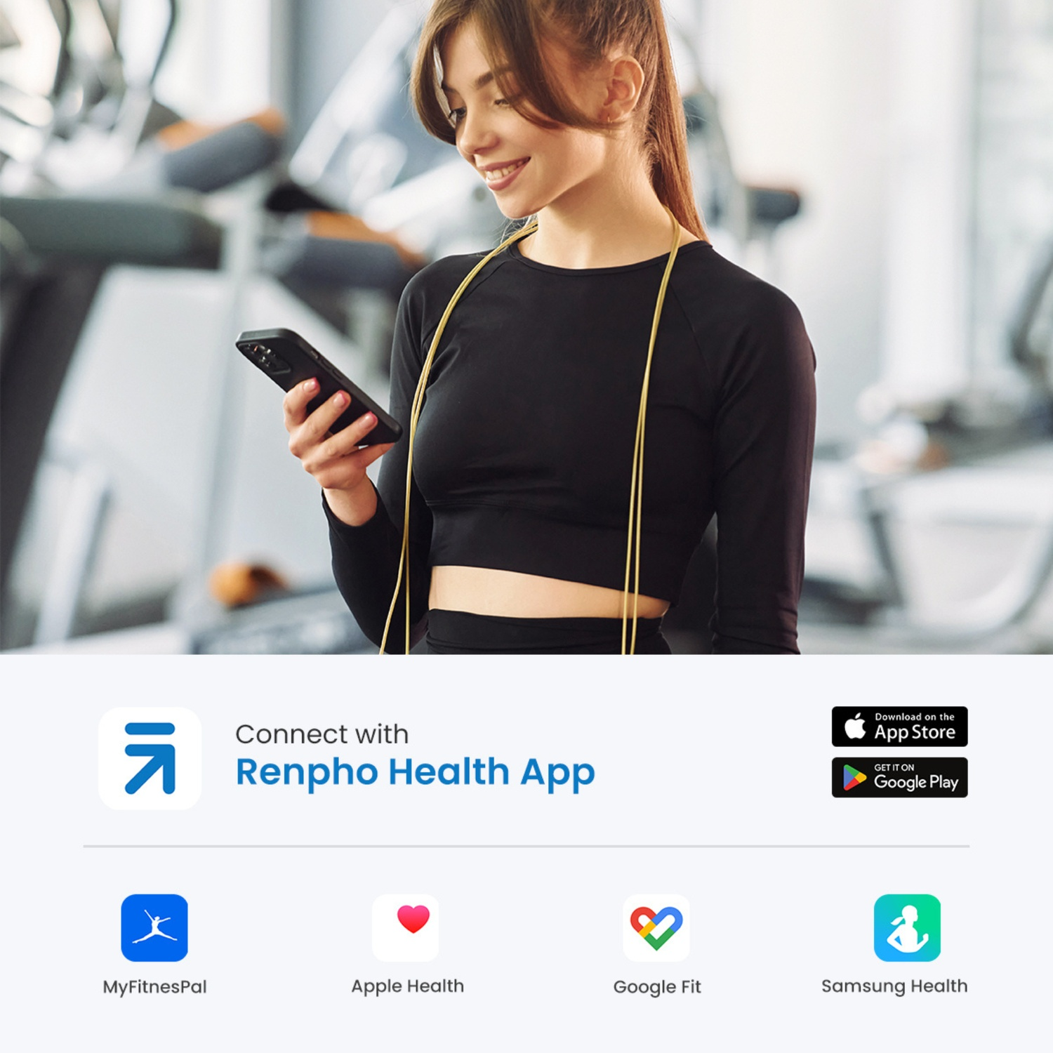 Femme avec corde à sauter et téléphone en salle de sport. App Renpho Health.
