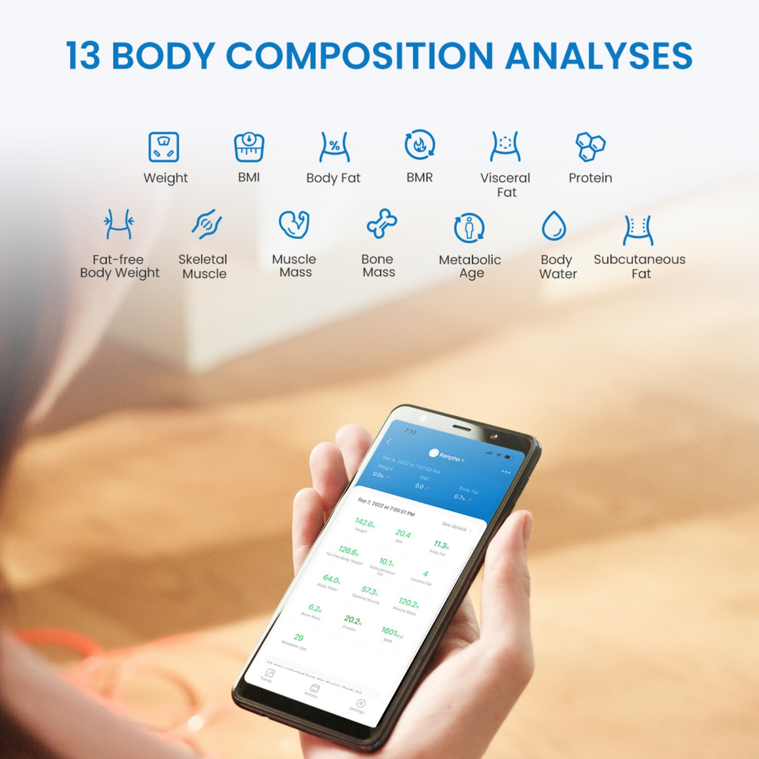 Une main tient un smartphone affichant des données d'analyse de composition corporelle avec des icônes au-dessus.