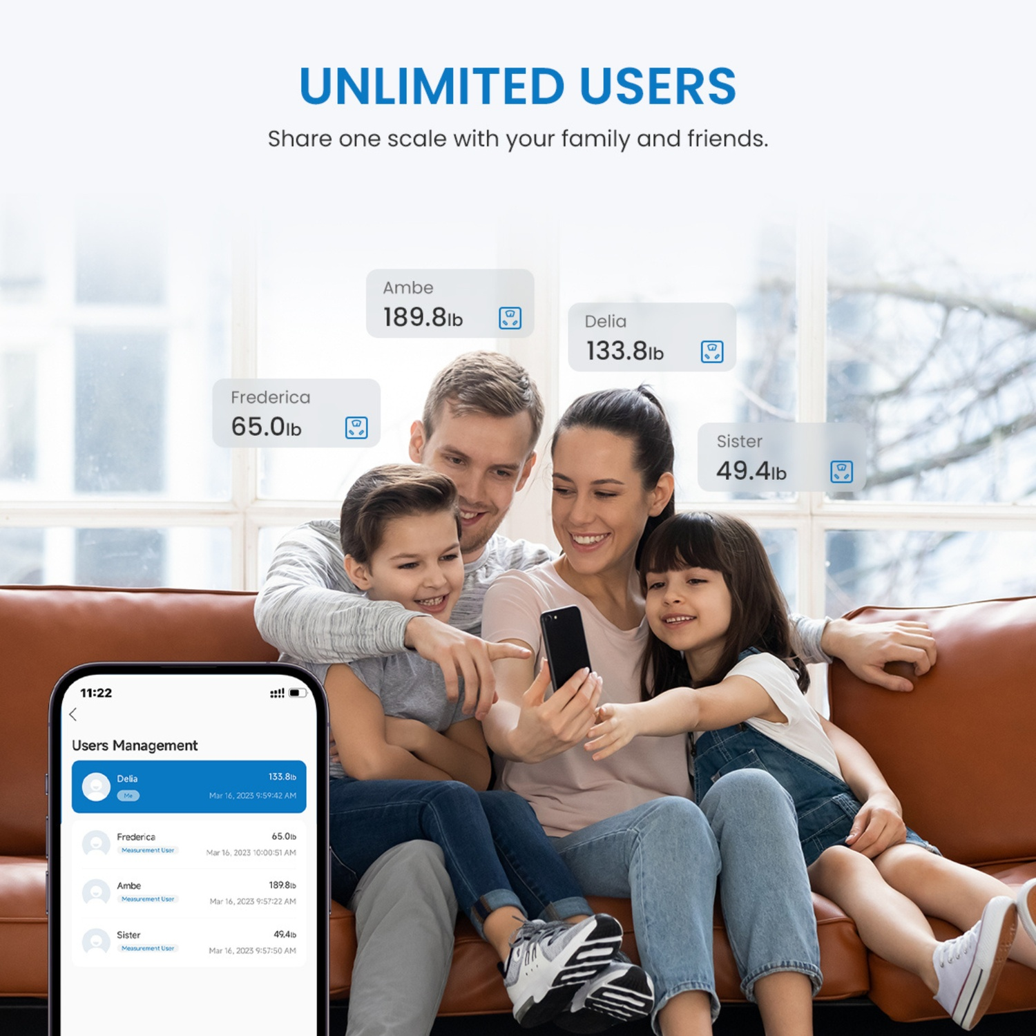 Famille prenant un selfie, avec poids et liste d'applications au premier plan.