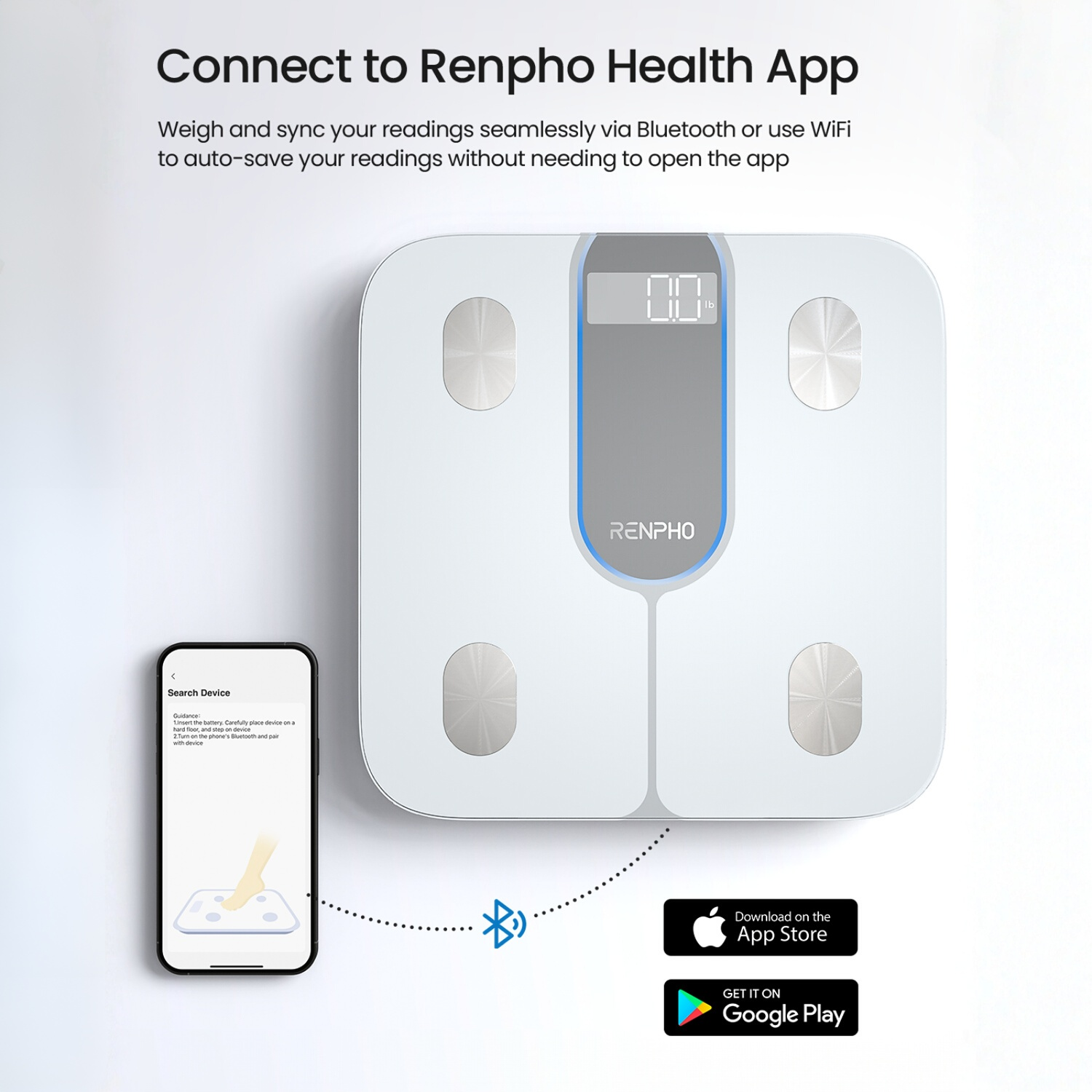 A white body scale with display and smartphone app guide.