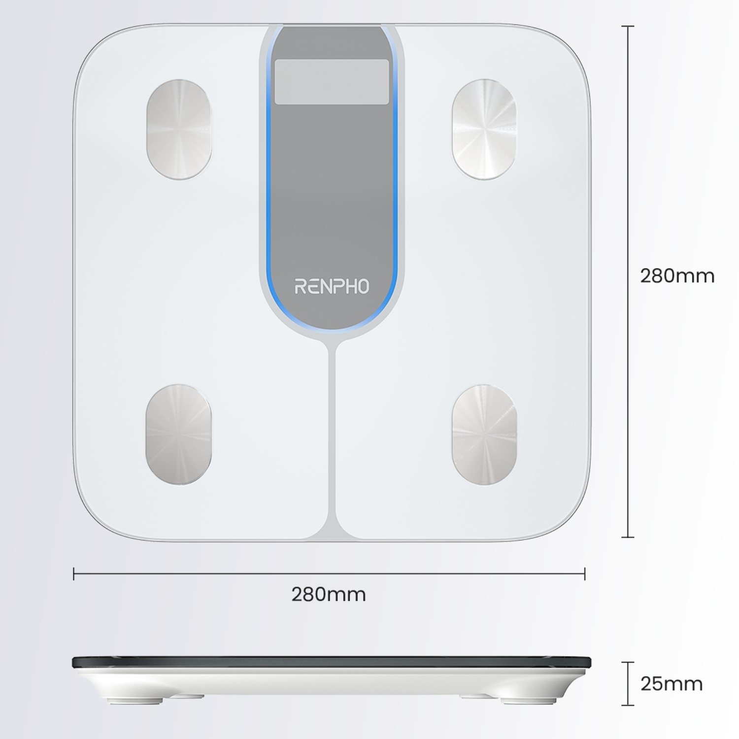A white RENPHO body scale, 280x280x25mm, with four metal electrodes.