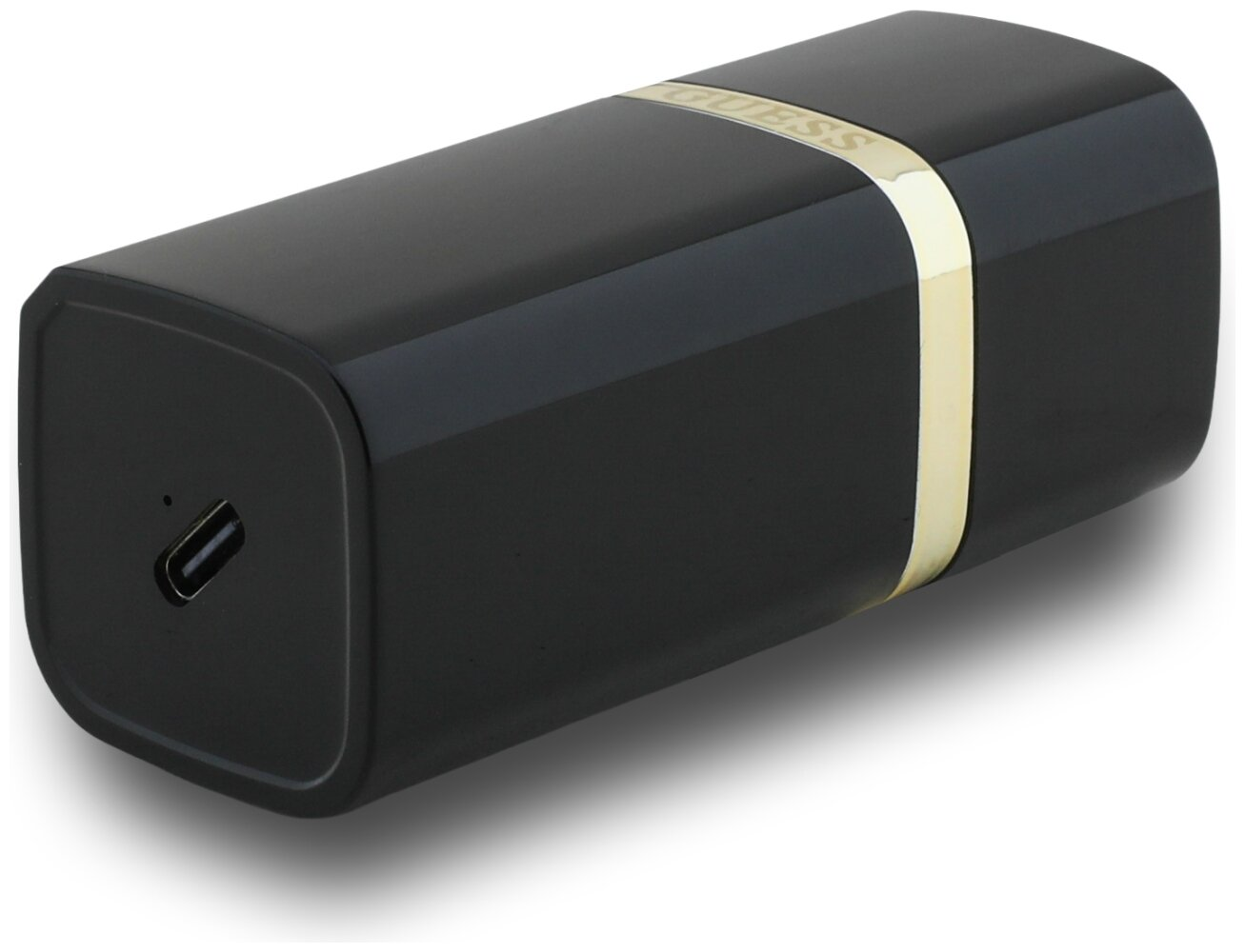 Czarna szminka GUESS ze złotym paskiem i portem USB-C.