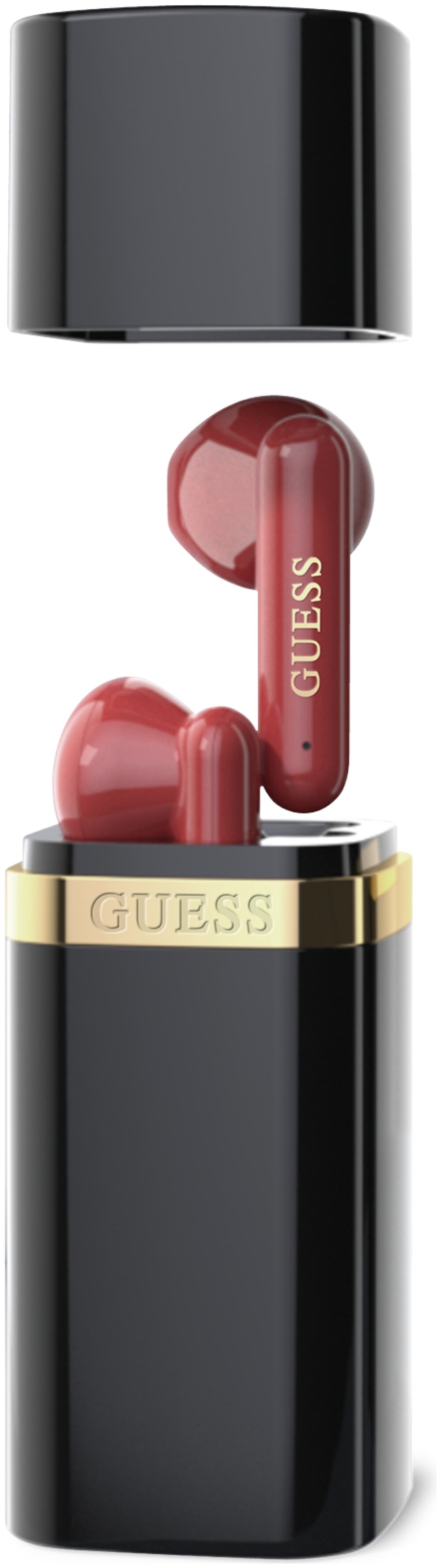 Czerwone słuchawki Guess ze złotym napisem na czarnym etui.