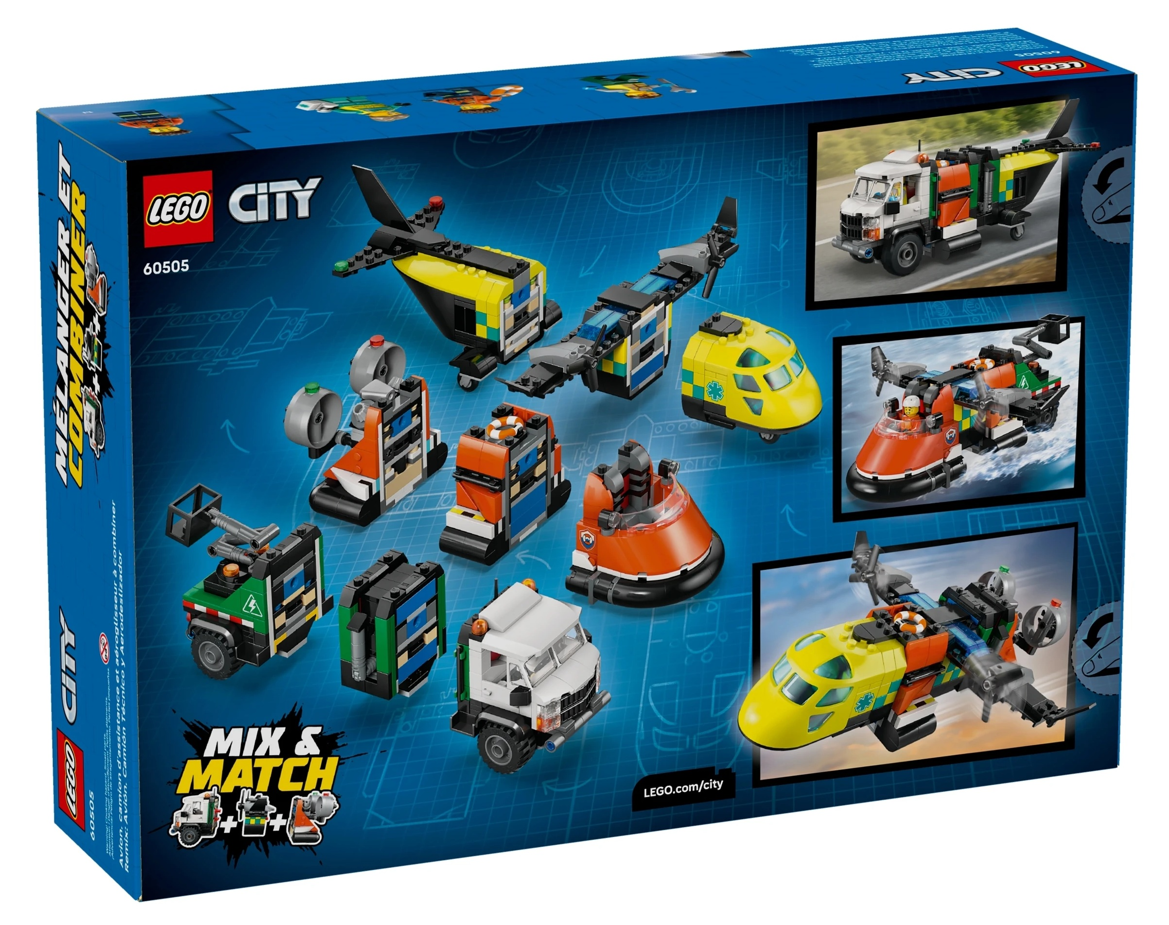 Zestaw LEGO City z różnymi pojazdami, takimi jak helikopter, karetka i poduszkowiec.