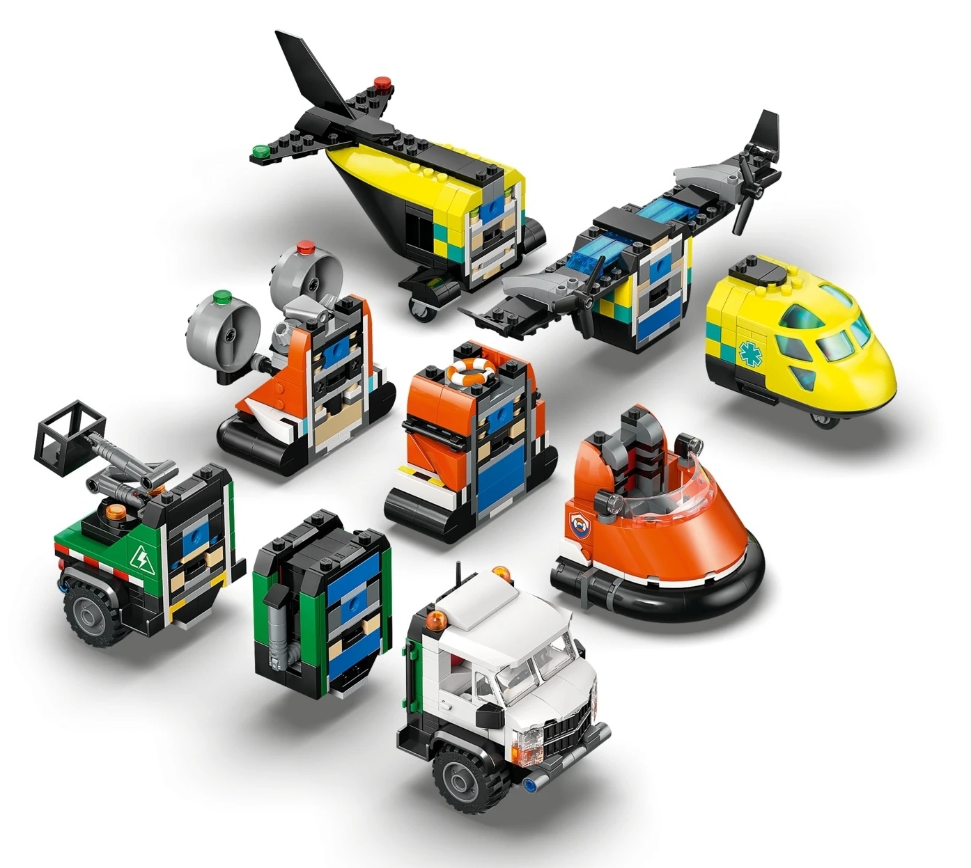 Zabawki LEGO: helikopter, karetka, poduszkowiec, ciężarówka i inne.
