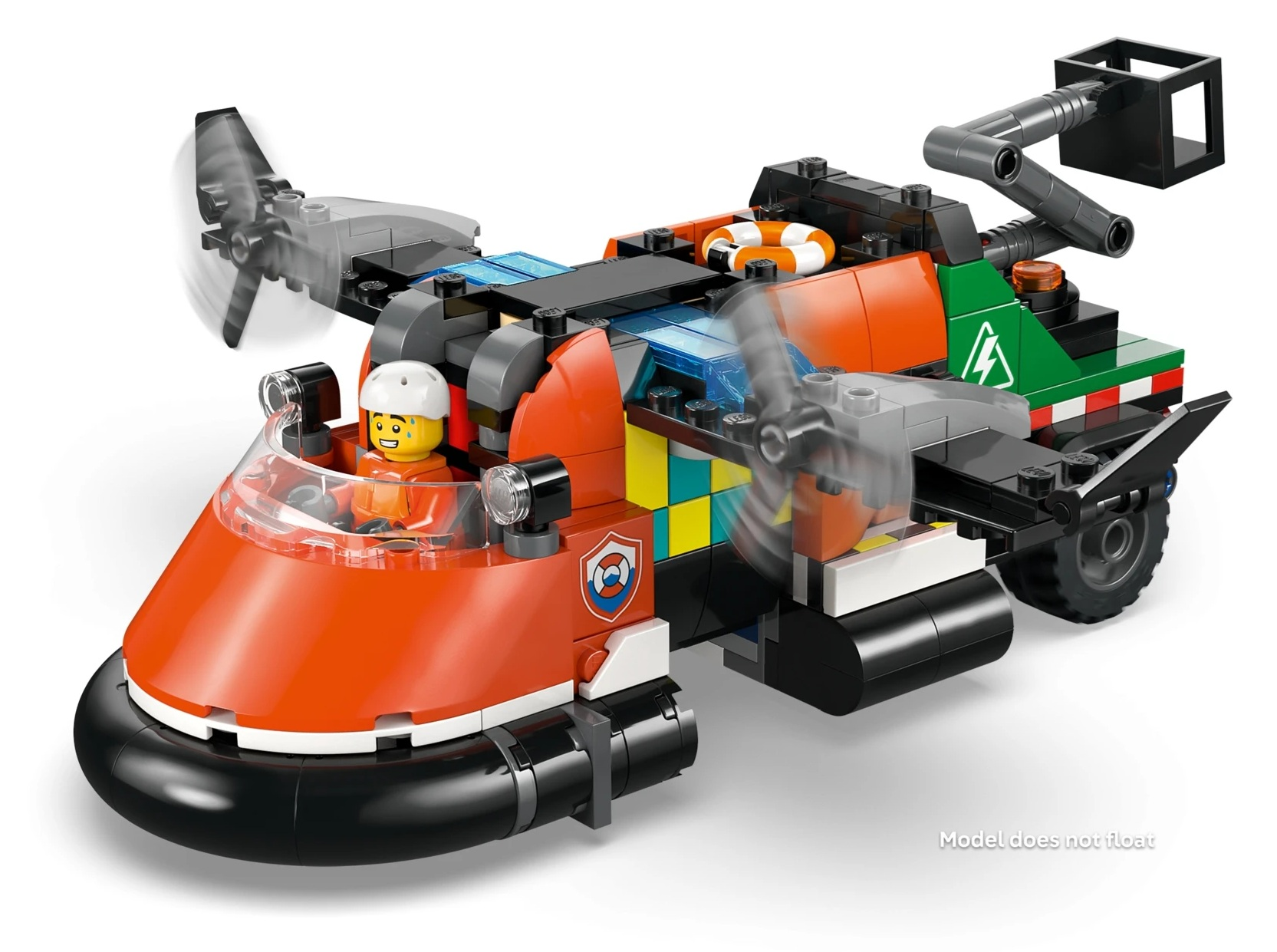 Poduszkowiec Lego z pilotem, śmigłami i kołem ratunkowym.