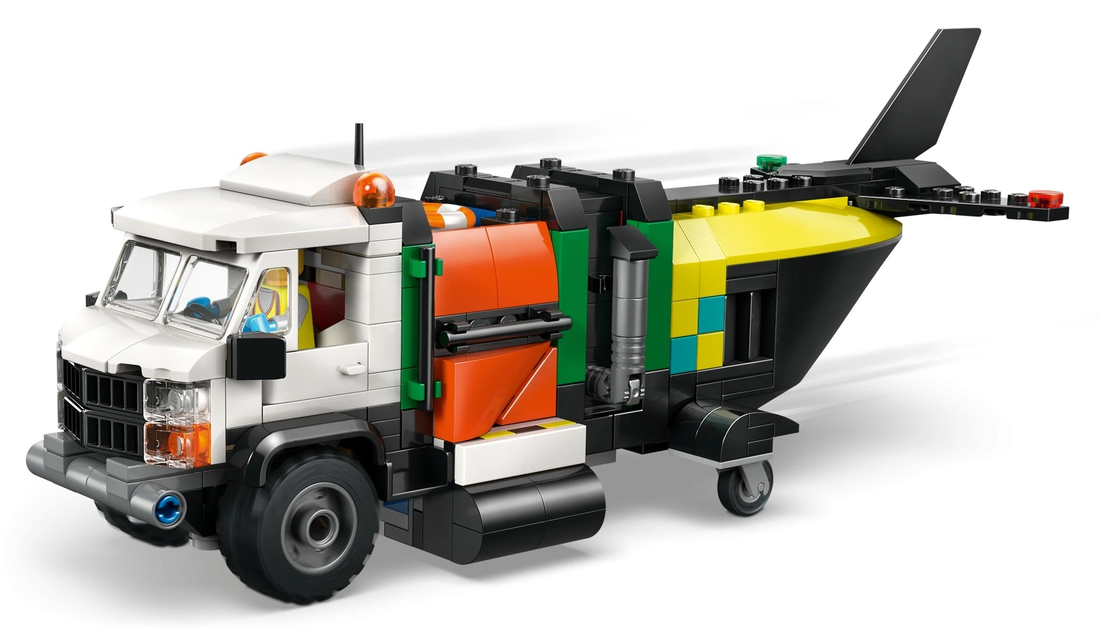 Śmieciarka Lego z białych, czarnych, żółtych i zielonych klocków, ze statecznikiem.