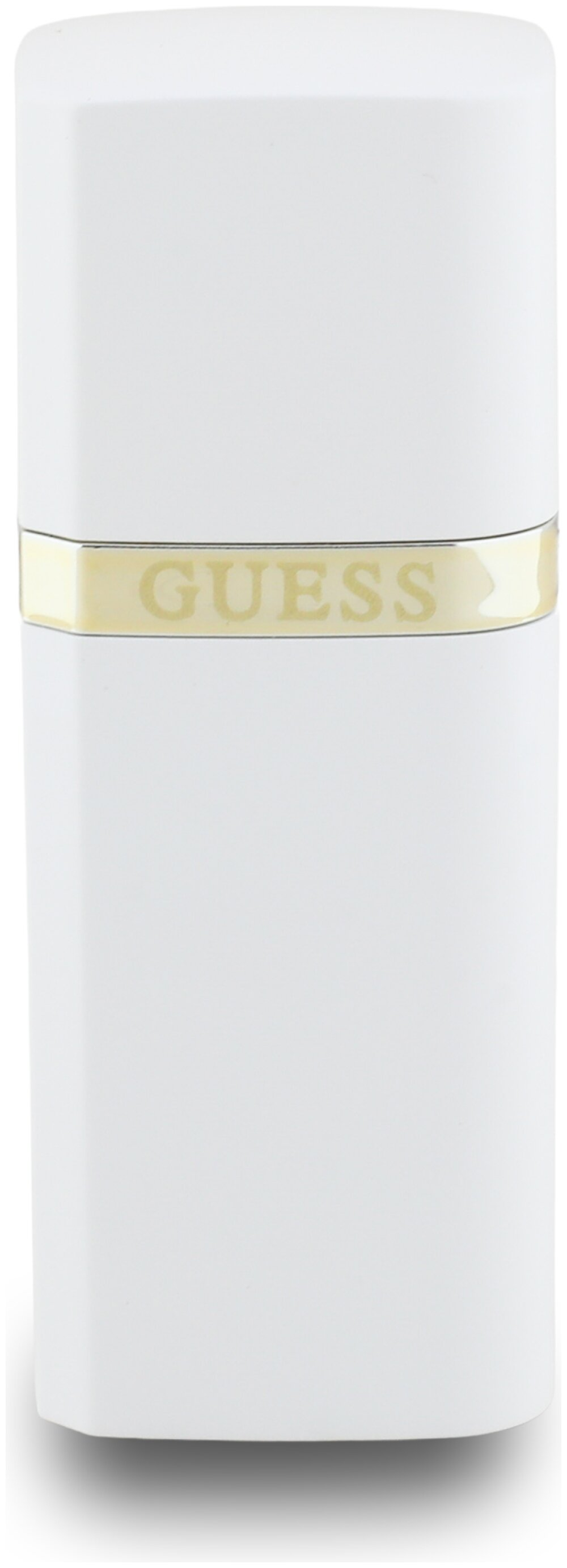 Biała butelka perfum GUESS ze złotą opaską.