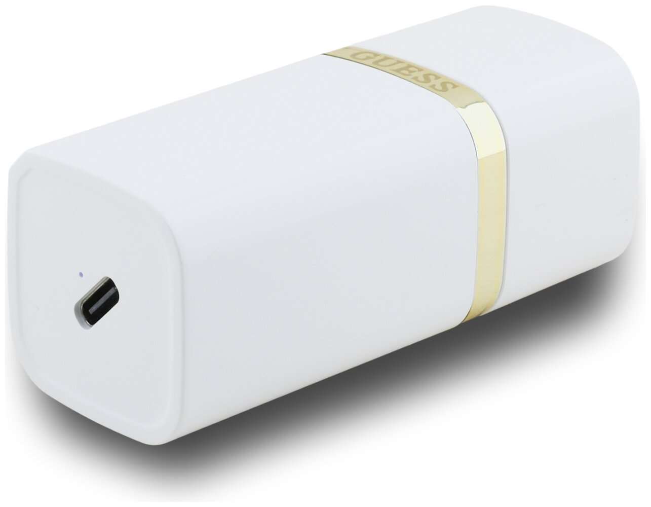 Biały power bank Guess z portem USB-C i złotą opaską.