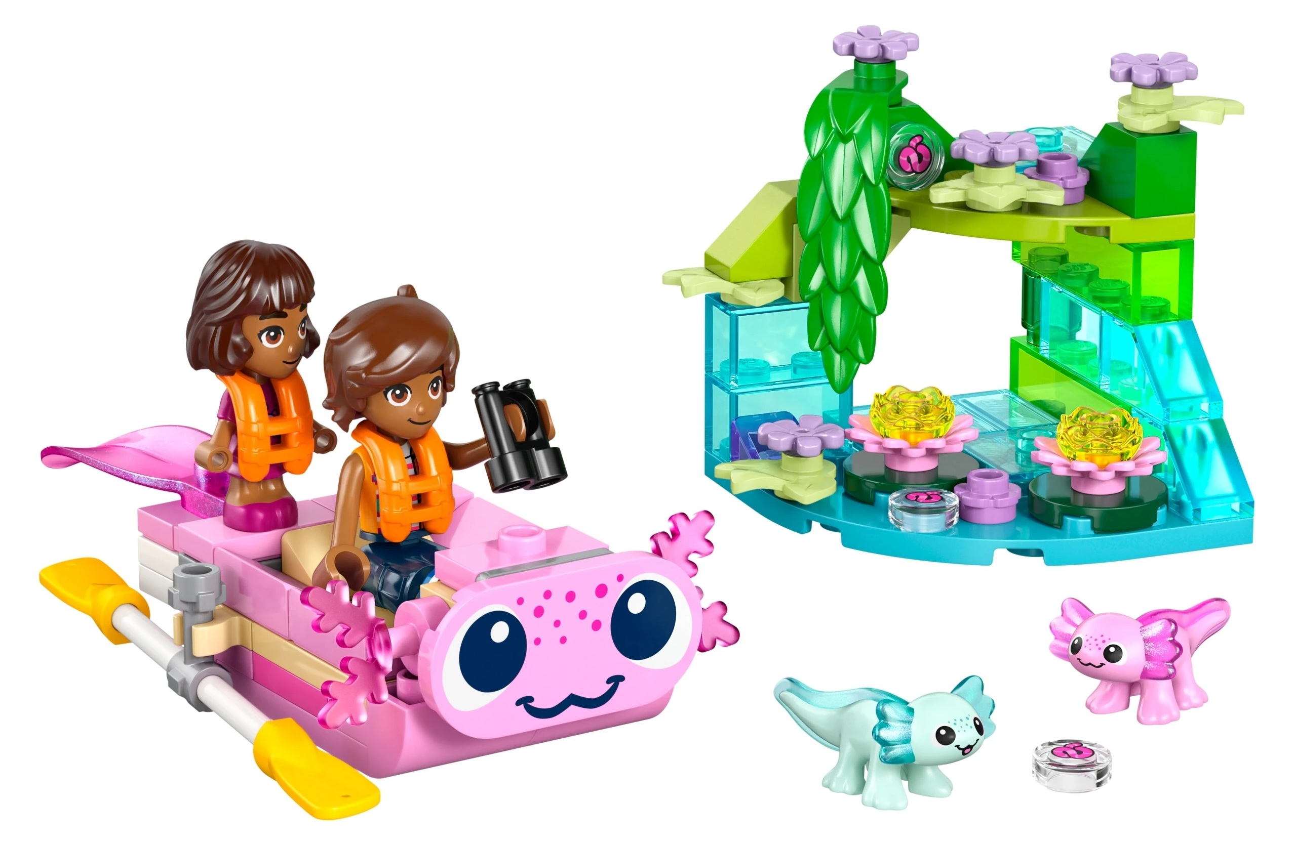 Dwie dziewczynki w kamizelkach ratunkowych w różowej łodzi axolotla obok zielonej struktury dżungli.