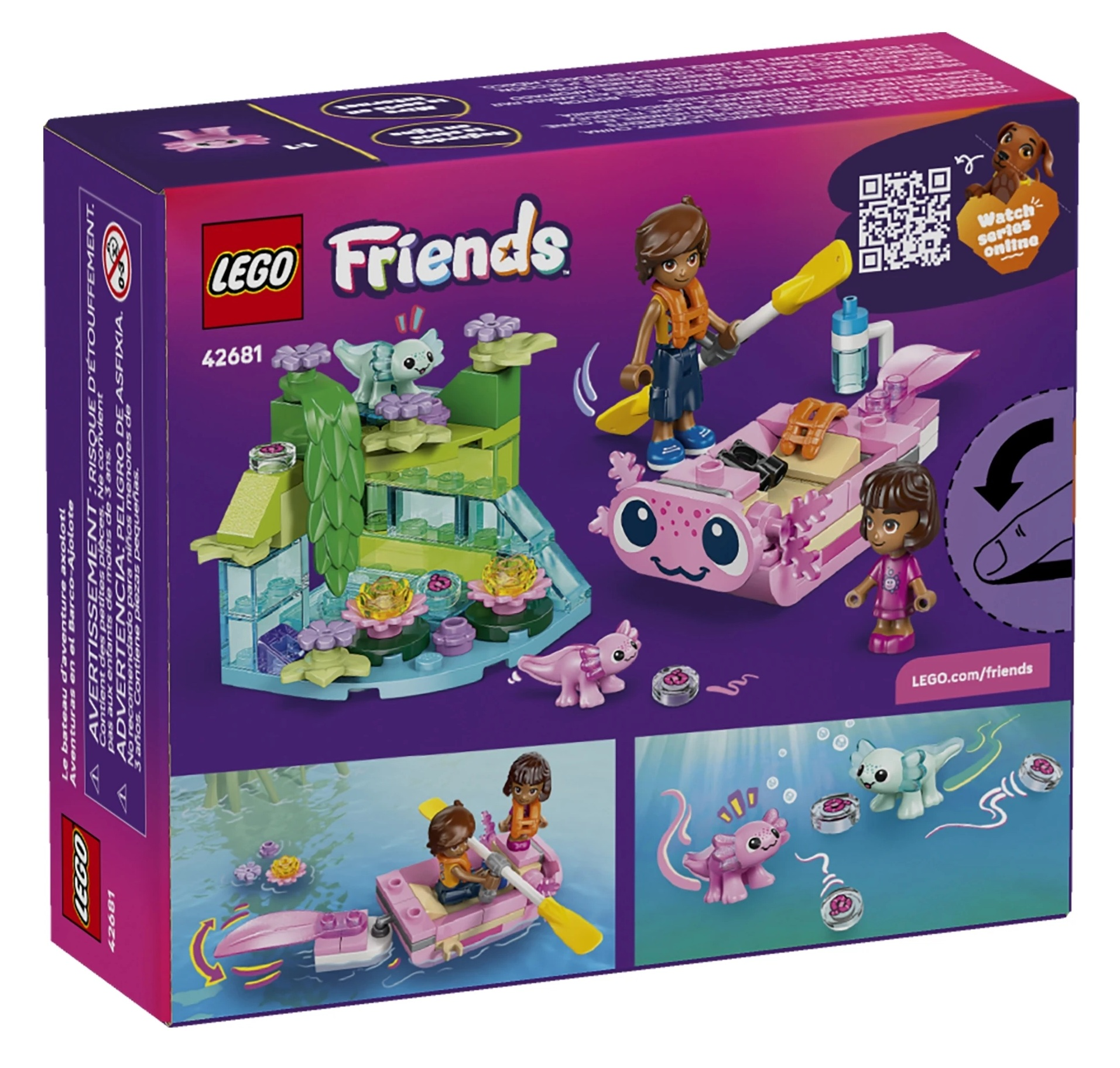 Pudełko LEGO Friends pokazuje zestaw zabawek z figurkami, łodziami i aksolotlami.