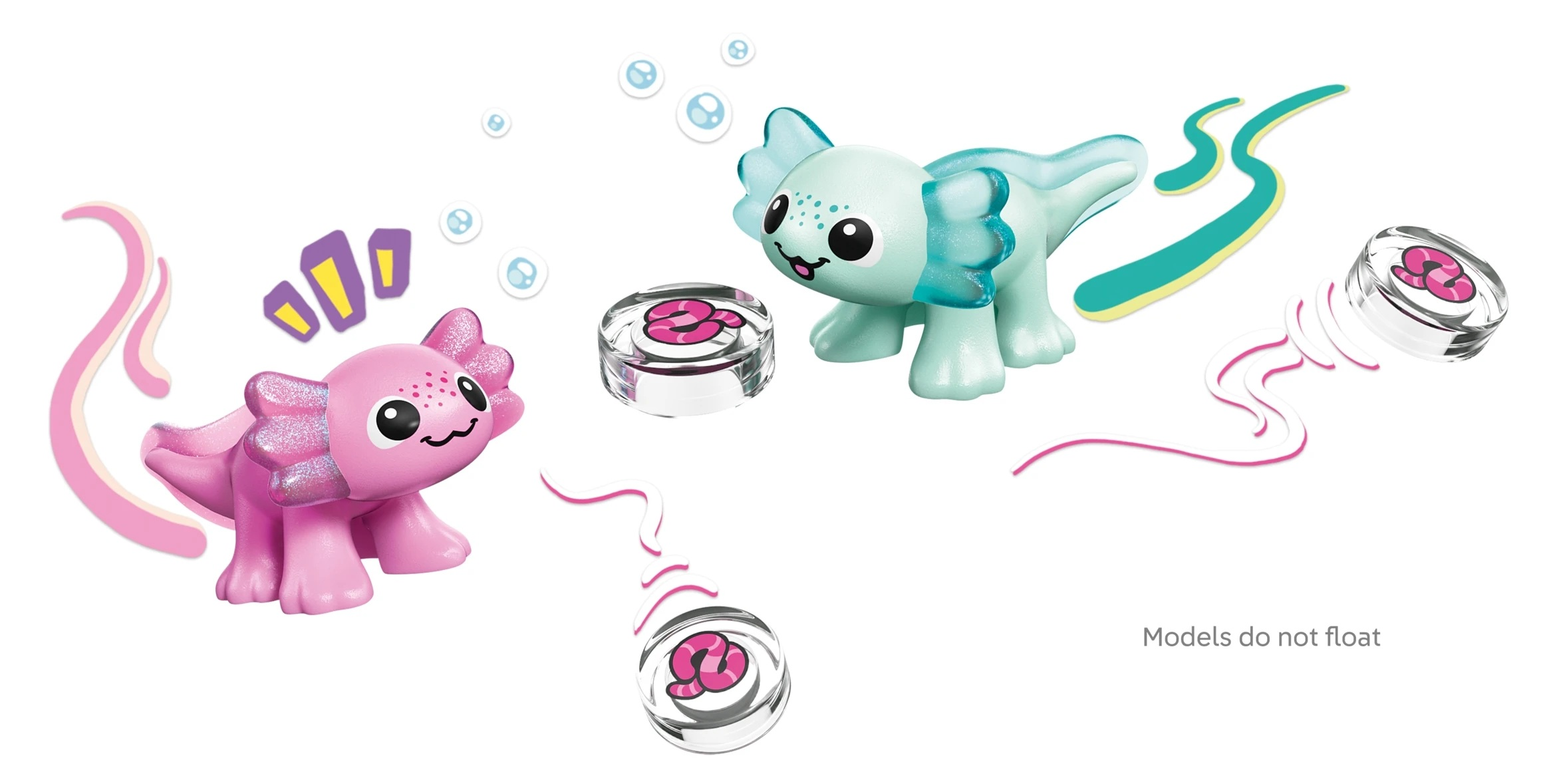 Dwa urocze figurki zabawek axolotla, jeden różowy, drugi turkusowy, z bąbelkami.